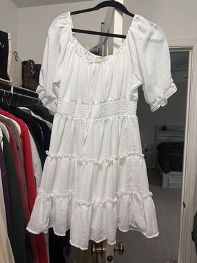 indulge White Tiered Puff Sleeve Mini Dress